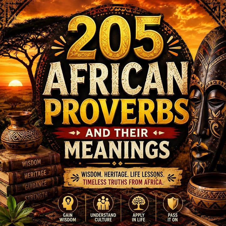 205 African Proverbs and Their Meanings book cover featuring traditional African masks, pottery, sunset savannah landscape, and cultural tribal patterns