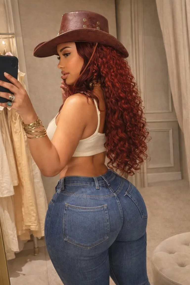 Badgyal Nera wearing high-waisted premium denim jeans, ivory crop top and leather cowboy hat with long red curls in boutique mirror selfie