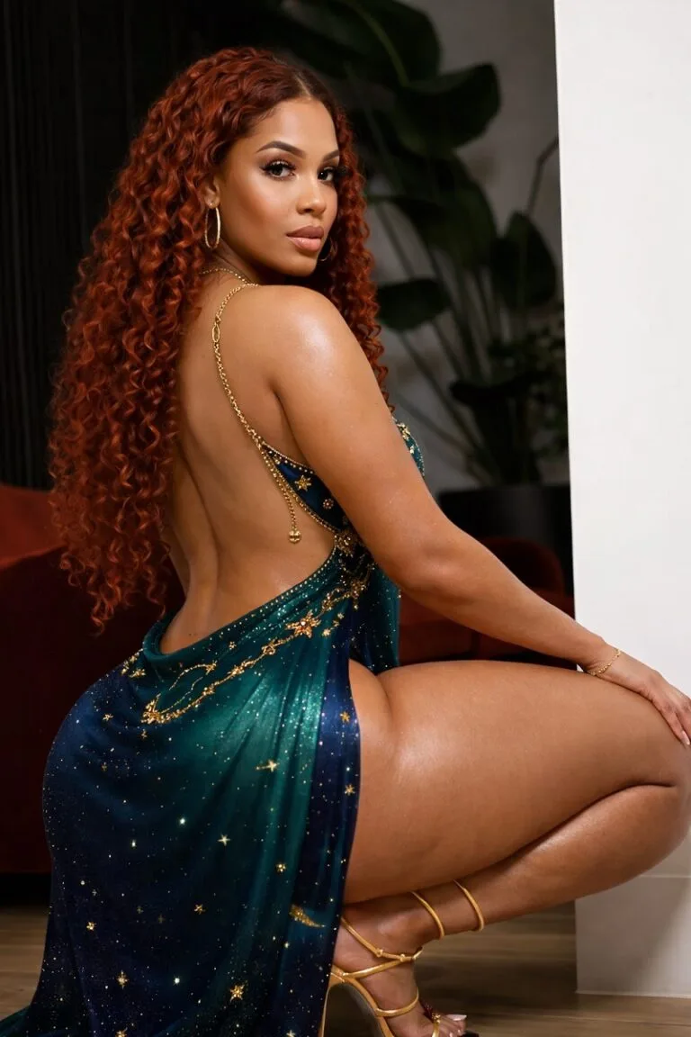 Badgyal Nera, a beautiful fashion model wearing emerald green backless evening gown with gold detailing – luxury formal fashion trend 2026