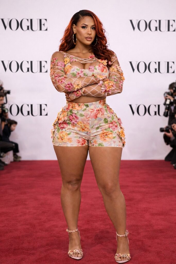Beautiful Badgyal Nera - Woman wearing structured floral corset two-piece set on red carpet showcasing Spring 2026 fashion trends for women