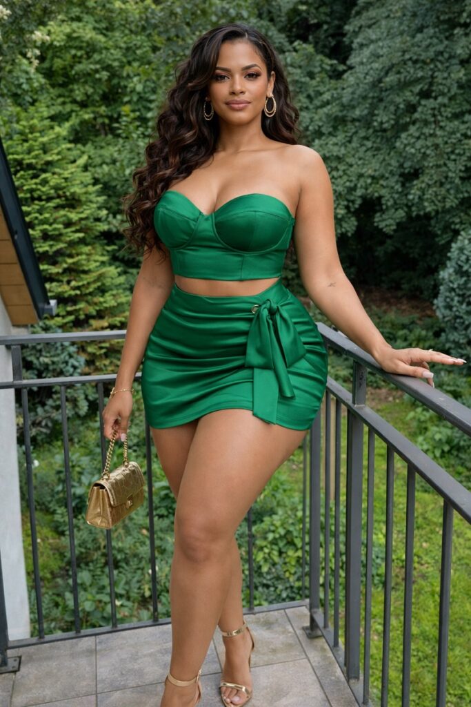 Velnera Solis in emerald green on balcony - Emerald Resort Glam - The Vibrant Summer Statement Trend of 2026