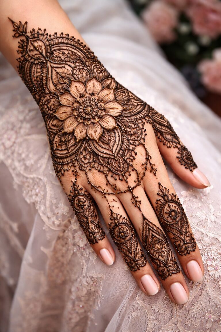 Intricate full-hand floral mehndi design with central focal flower and lace detailing on palm and fingers