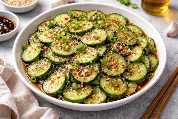 Viral cucumber salad with thin cucumber slices, sesame seeds, green onions, garlic, and soy-vinegar dressing in a white bowl