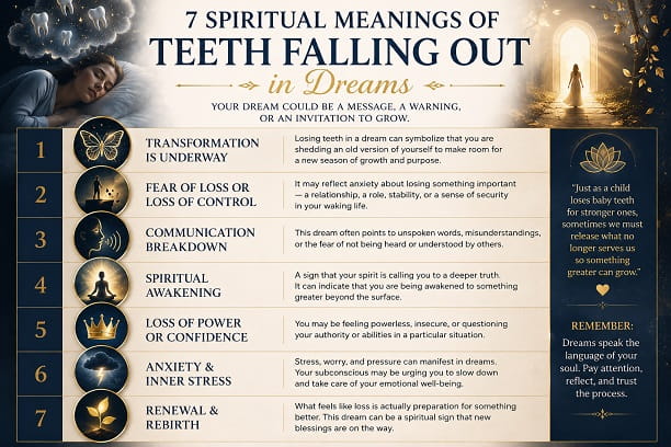 Infographic showing spiritual meanings of teeth falling out in dreams