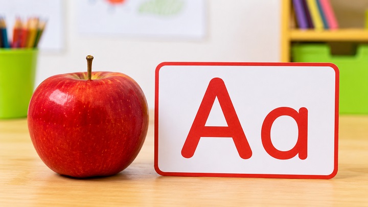 Red apple beside letter A flashcard for preschool alphabet learning