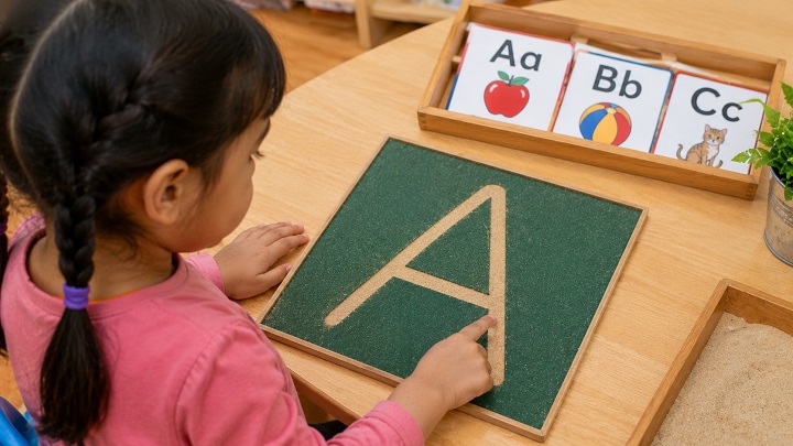 Child practicing letter A tracing as part of phonics activity