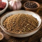 Easy Breakfast Sausage Seasoning Recipe for Homemade Sausage Close-up of homemade breakfast sausage seasoning mix in a bowl with spices, garlic, and raw meat in a rustic kitchen setting