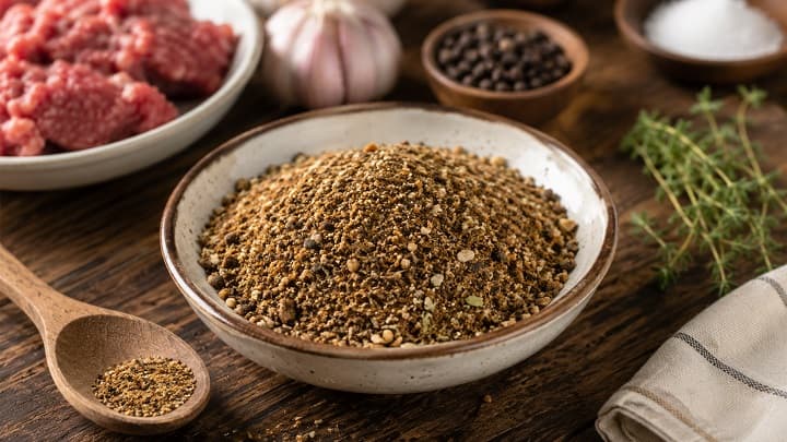 Close-up of homemade breakfast sausage seasoning mix in a bowl with spices, garlic, and raw meat in a rustic kitchen setting