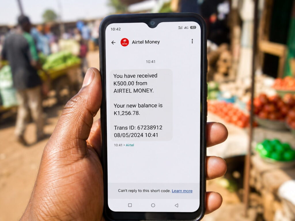 Mobile money deposit notification on a Zambian smartphone after Zamcash loan approval