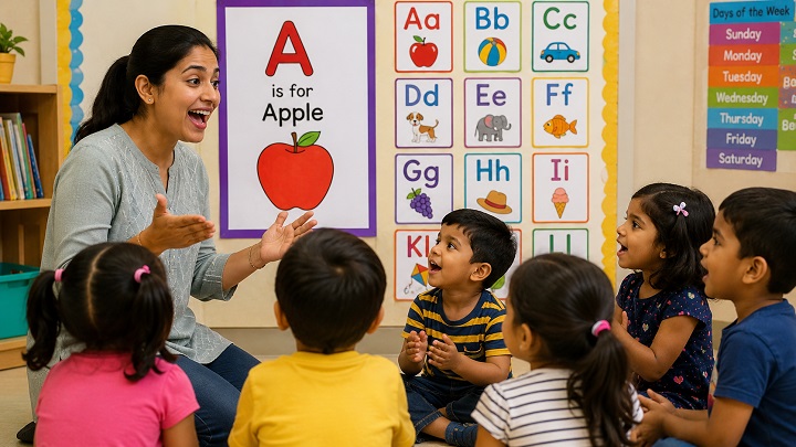 Preschool teacher leading A is for Apple sing-along with young children