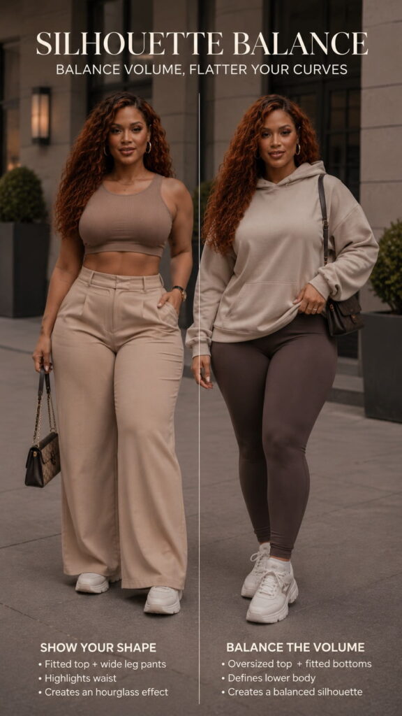 Curvy woman demonstrating fitted and oversized streetwear silhouette balance styling