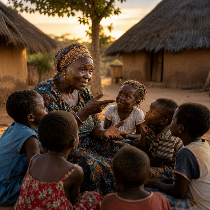 African grandmother sharing oral wisdom and proverbs with children in a traditional village setting
