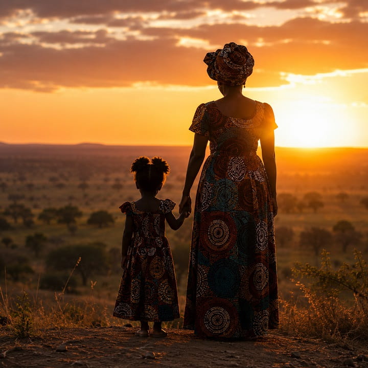 African mother and daughter silhouette at sunset symbolizing generational wisdom