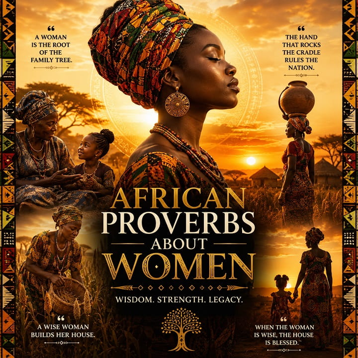 African Proverbs About Women artwork featuring African motherhood, wisdom, strength, and cultural heritage