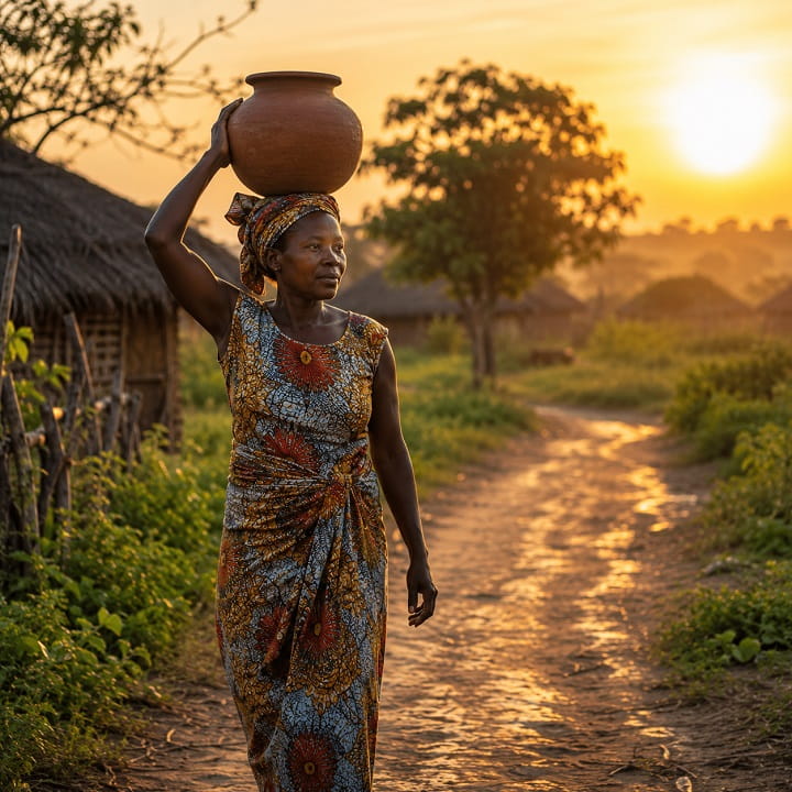 East African woman carrying a clay water pot at sunrise representing strength and resilience