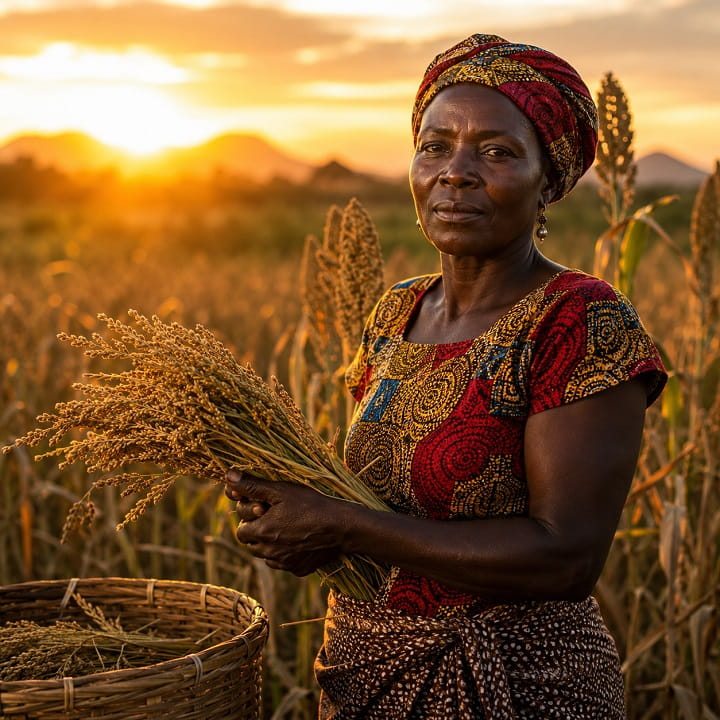 African woman harvesting crops in a field representing hard work and resilience