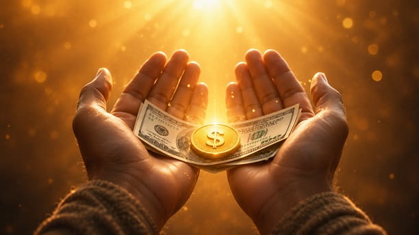 Hands holding glowing gold coin and money — biblical dream interpretation symbolism