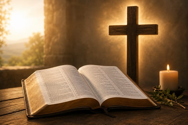 Open Bible illuminated by soft spiritual light symbolizing divine guidance and biblical interpretations of ear ringing