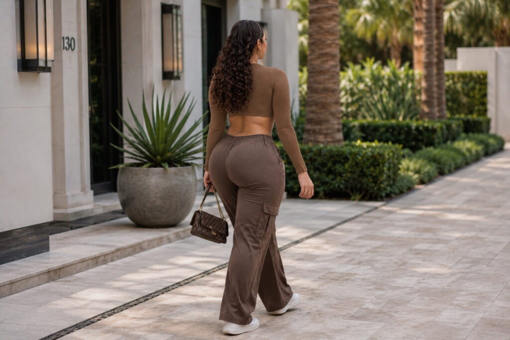 Velnera Solis, a curvy woman in brown crop top and cargo pants streetwear outfit