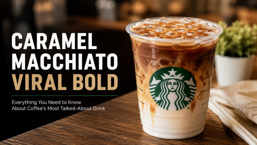 Layered iced caramel macchiato with espresso and caramel drizzle in a clear coffee shop cup