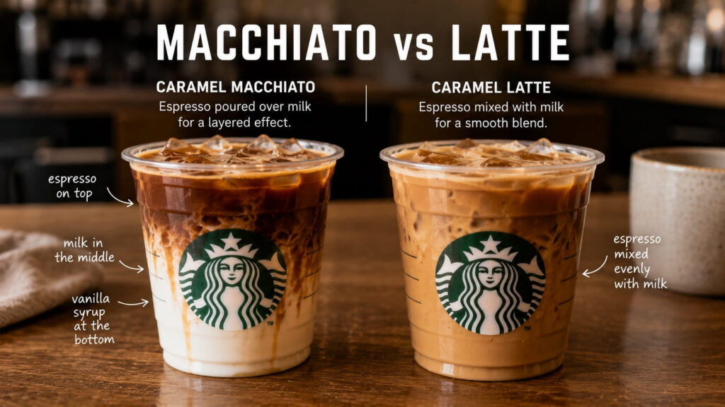 Side by side caramel macchiato vs caramel latte comparison in clear cups