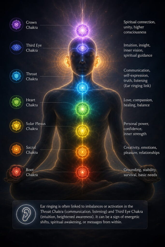 Chakra diagram highlighting the throat and third eye chakras connected to spiritual ear ringing and intuitive awareness