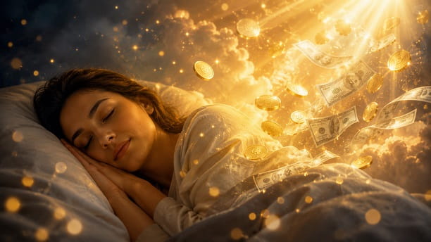 Person sleeping while dreaming about money and golden light — spiritual dream symbolism