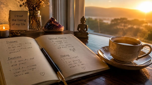 Open journal with reflective handwritten notes beside a warm cup of coffee near a softly lit sunrise window, creating a peaceful spiritual healing atmosphere.