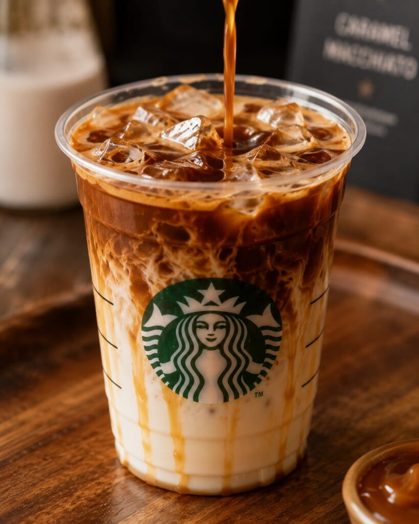 Close-up espresso layering through milk in iced caramel macchiato