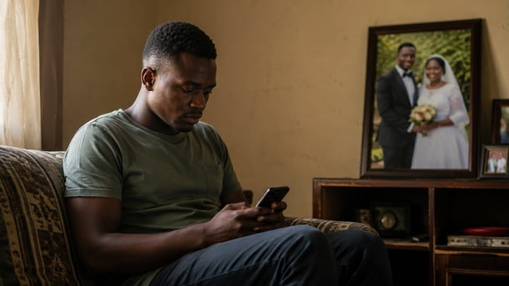 Young Zambian man sitting alone using a phone while reflecting on marriage and hidden emotional pressure