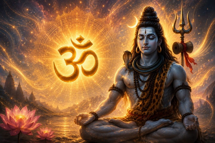 Glowing Om symbol with radiant spiritual light representing Hindu beliefs about ear ringing and divine energy