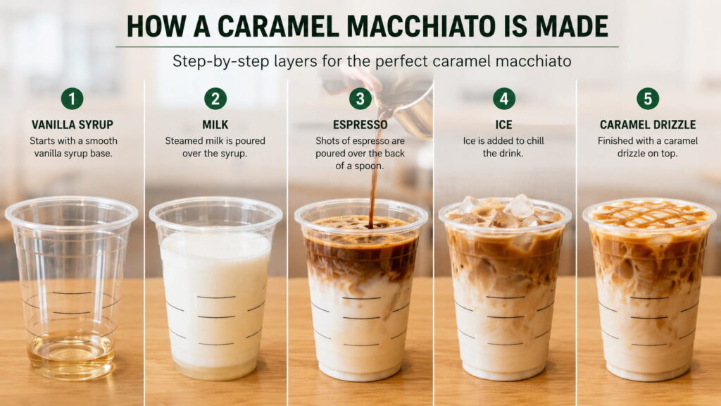 How a caramel macchiato is layered with vanilla syrup milk espresso and caramel drizzle