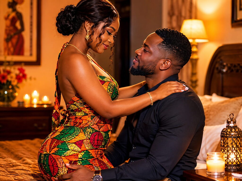 Zambian woman in a colorful dress standing closely beside a seated man in a candlelit bedroom, smiling affectionately