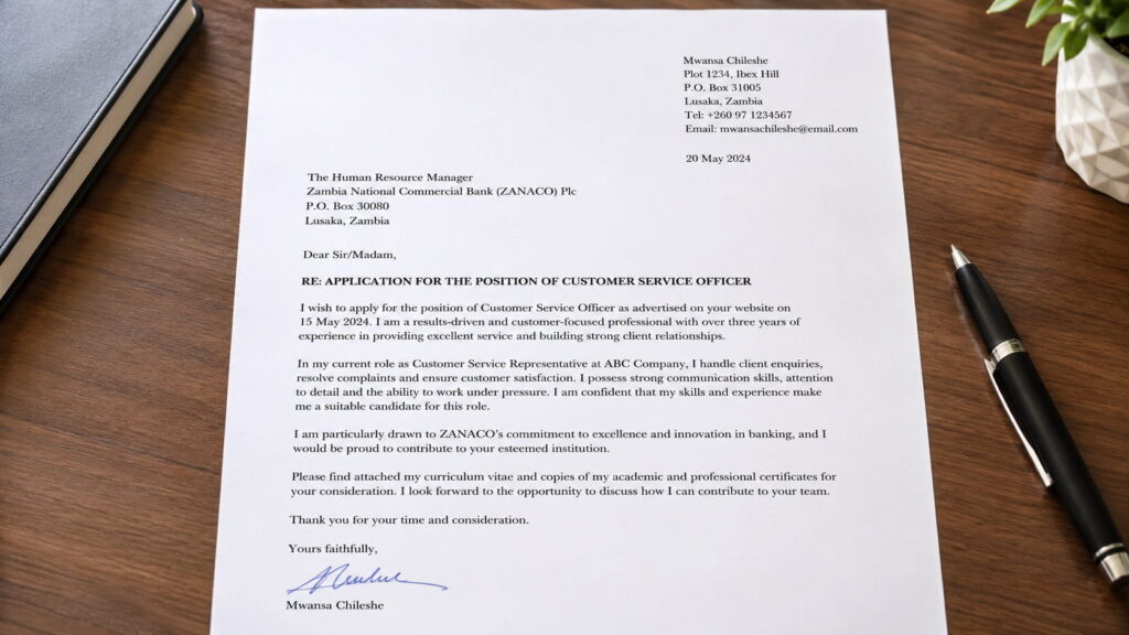 Sample job application letter format in Zambia showing sender address, date, subject line, body paragraphs and signature layout