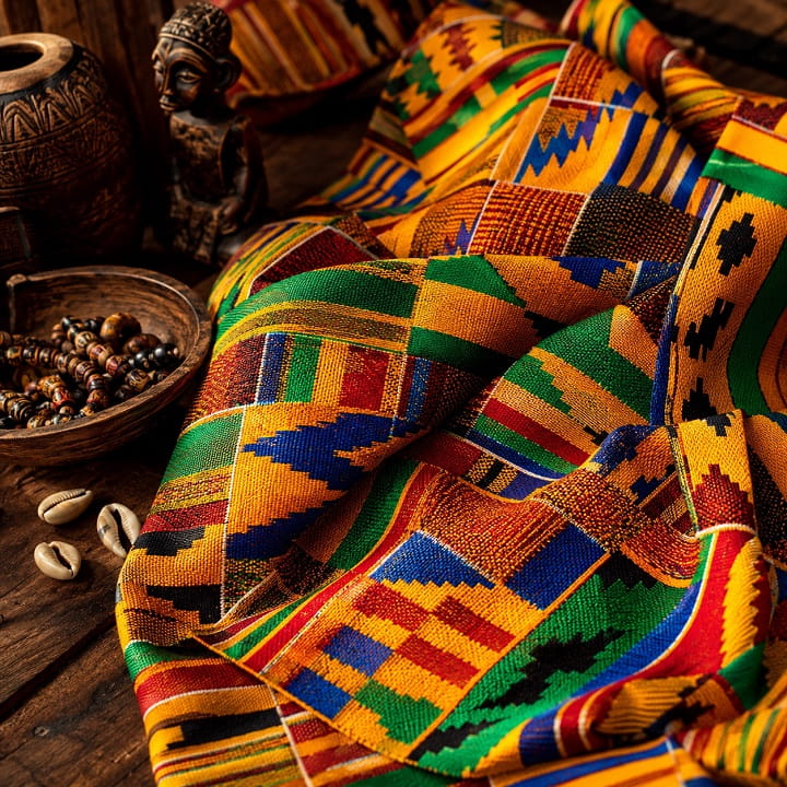 Colorful Ghanaian kente cloth symbolizing African heritage wisdom and tradition