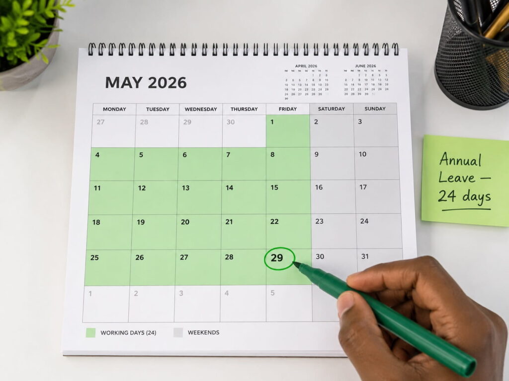 Desk calendar showing 24 annual leave working days highlighted in green in Zambia