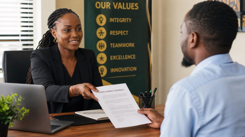 Zambian HR officer handing an employment contract to an employee in a modern Zambian office