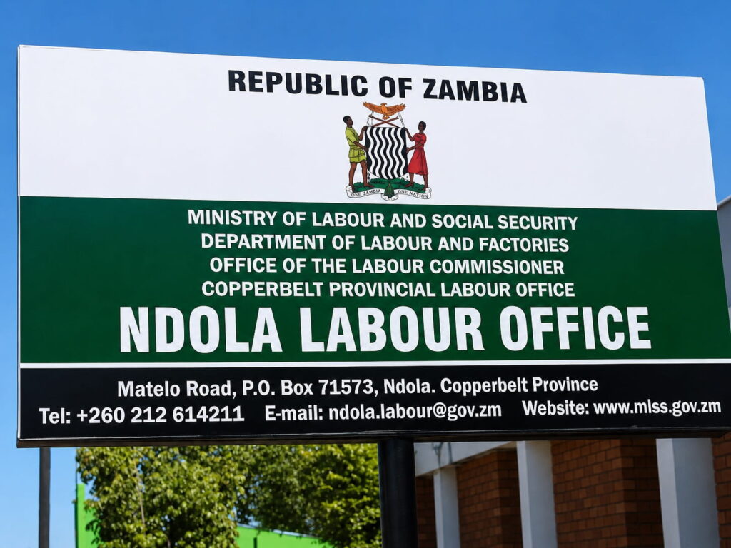 Ndola Labour Office sign under the Ministry of Labour and Social Security Zambia