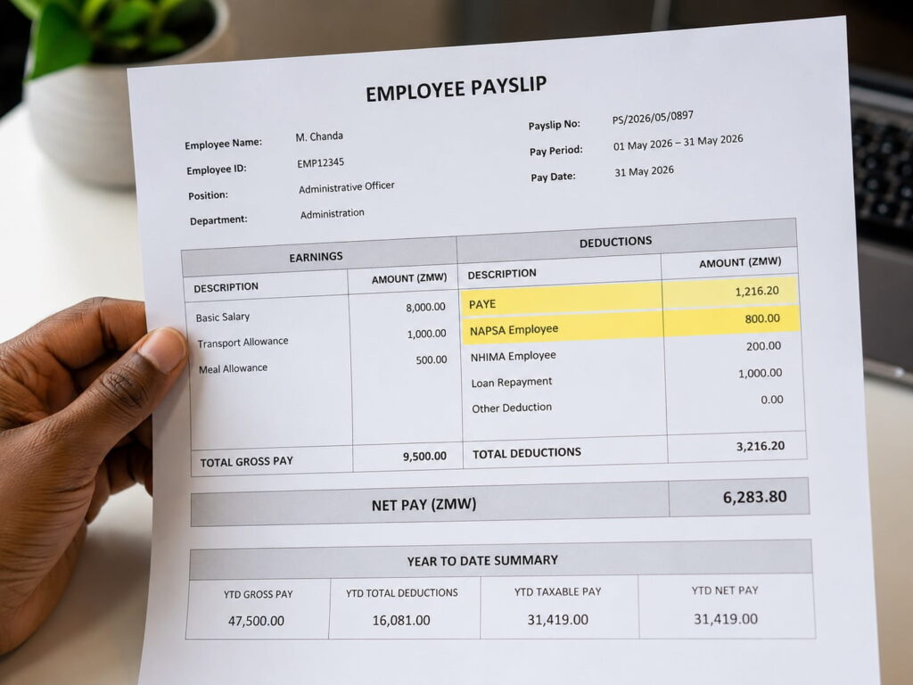 Zambian employee payslip showing PAYE and NAPSA deductions highlighted