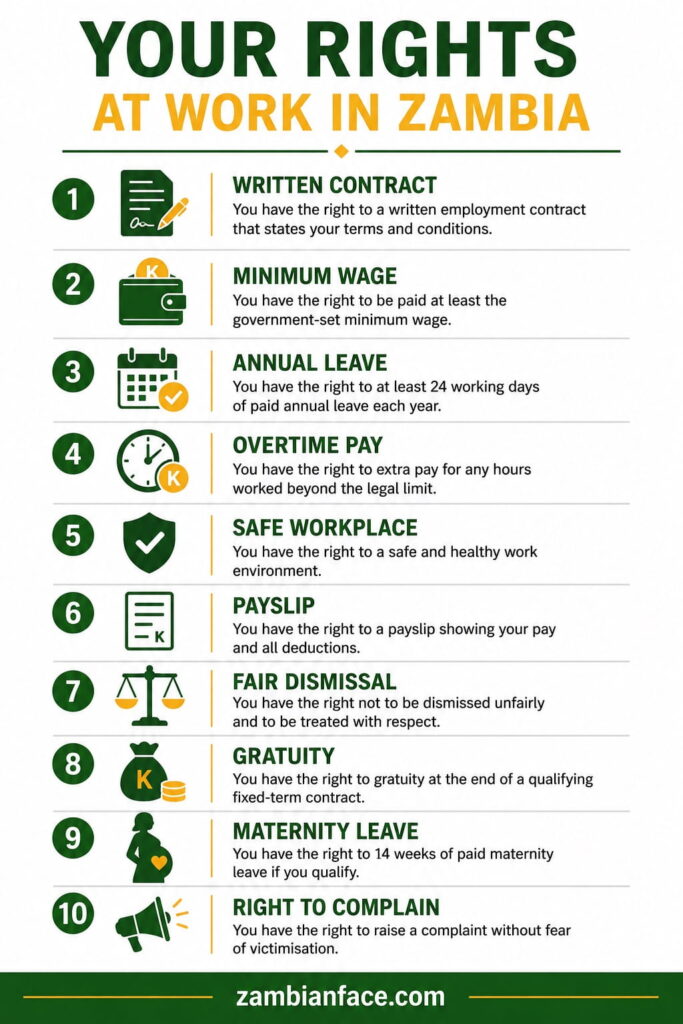Your Rights at Work in Zambia infographic showing 10 employee rights