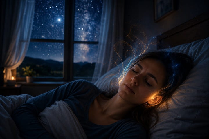 Person lying in bed at night with soft glowing spiritual energy and starlight outside the window representing left ear ringing spiritual meaning