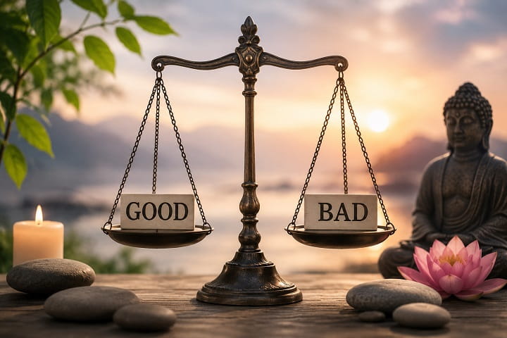 Balance scale with “Good” and “Bad” labels in a peaceful spiritual setting representing interpretations of left ear ringing spiritual meaning