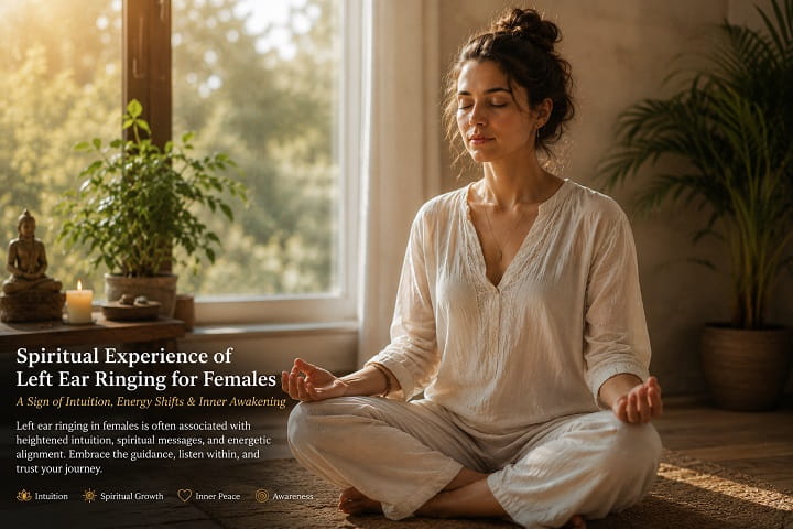 Woman meditating peacefully in soft natural light representing feminine spiritual awakening and left ear ringing intuition