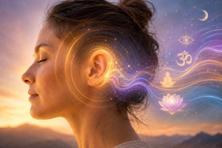 Woman with glowing left ear surrounded by spiritual energy waves and mystical symbols representing left ear ringing spiritual meaning