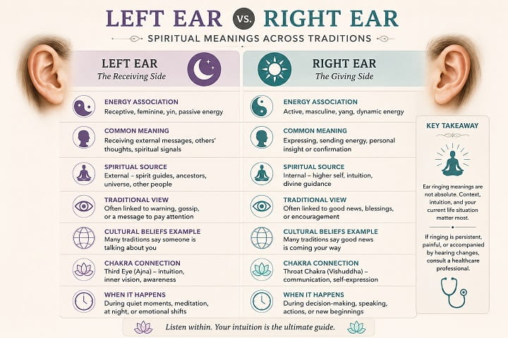 Infographic comparing left and right ear ringing spiritual meanings across traditions, including energy associations, chakra connections, intuition, and spiritual symbolism