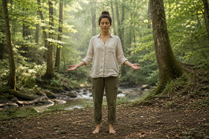 Person practicing grounding meditation outdoors as a response to spiritual ear ringing.