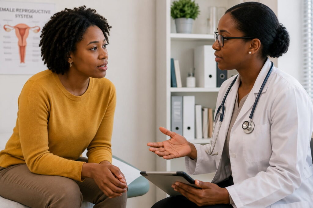 African woman consulting a female doctor about sexual health concerns related to her sexual life