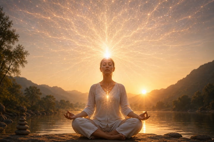 Person meditating with glowing crown chakra energy radiating outward during a spiritual awakening experience