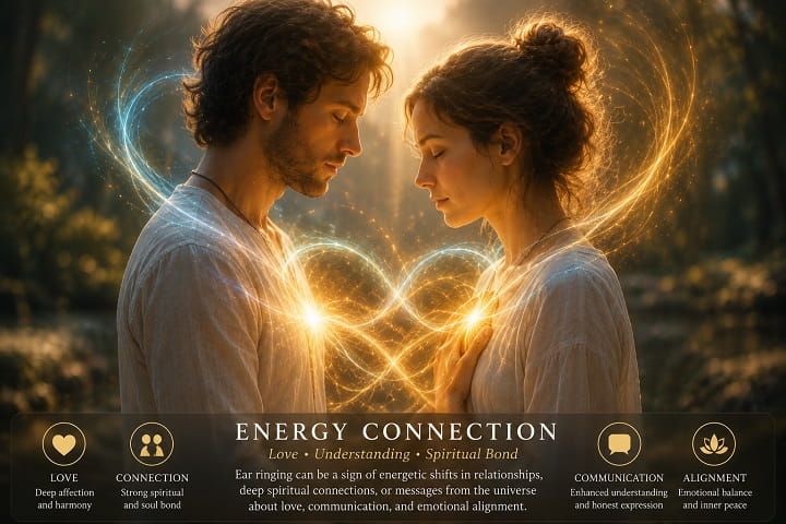 Two people surrounded by intertwined glowing energy fields representing spiritual connection, love, and emotional alignment