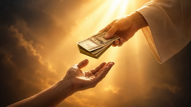 Open hands receiving money in a dream with divine light — spiritual meaning illustration
